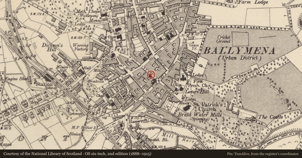 Ordnance Survey six-inch map, 2nd edition (1888–1915) covering the location of 10 Mill St., Mid and East Antrim, with a pin at the register's coordinates