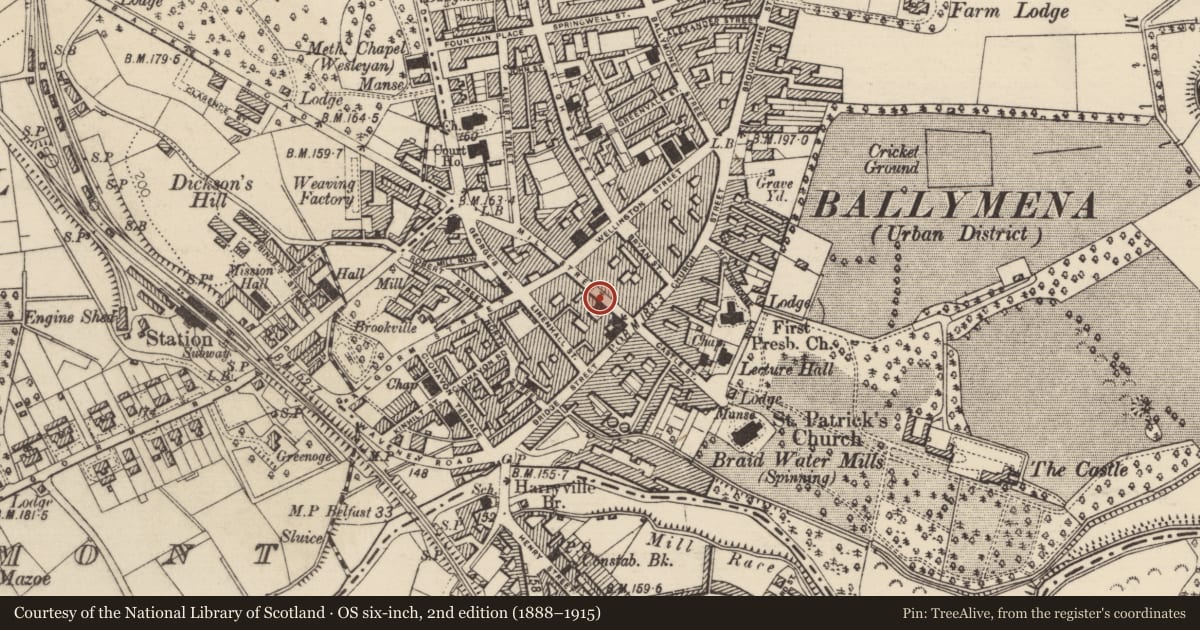 Ordnance Survey six-inch map, 2nd edition (1888–1915) covering the location of 14 Mill St., Mid and East Antrim, with a pin at the register's coordinates