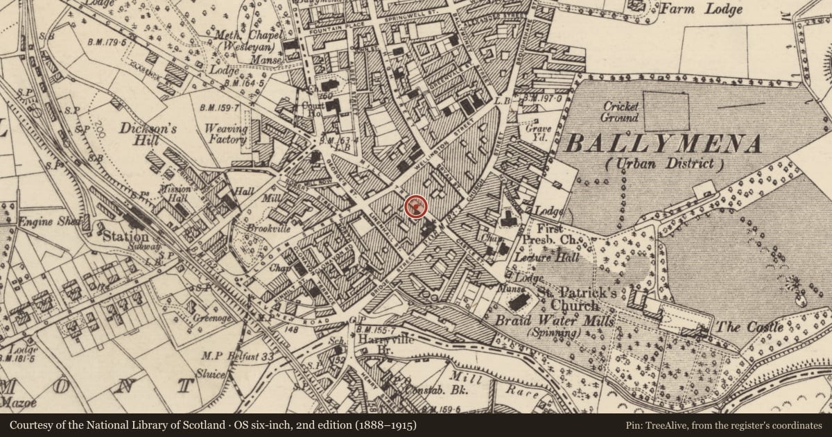 Ordnance Survey six-inch map, 2nd edition (1888–1915) covering the location of 16 Mill St., Mid and East Antrim, with a pin at the register's coordinates