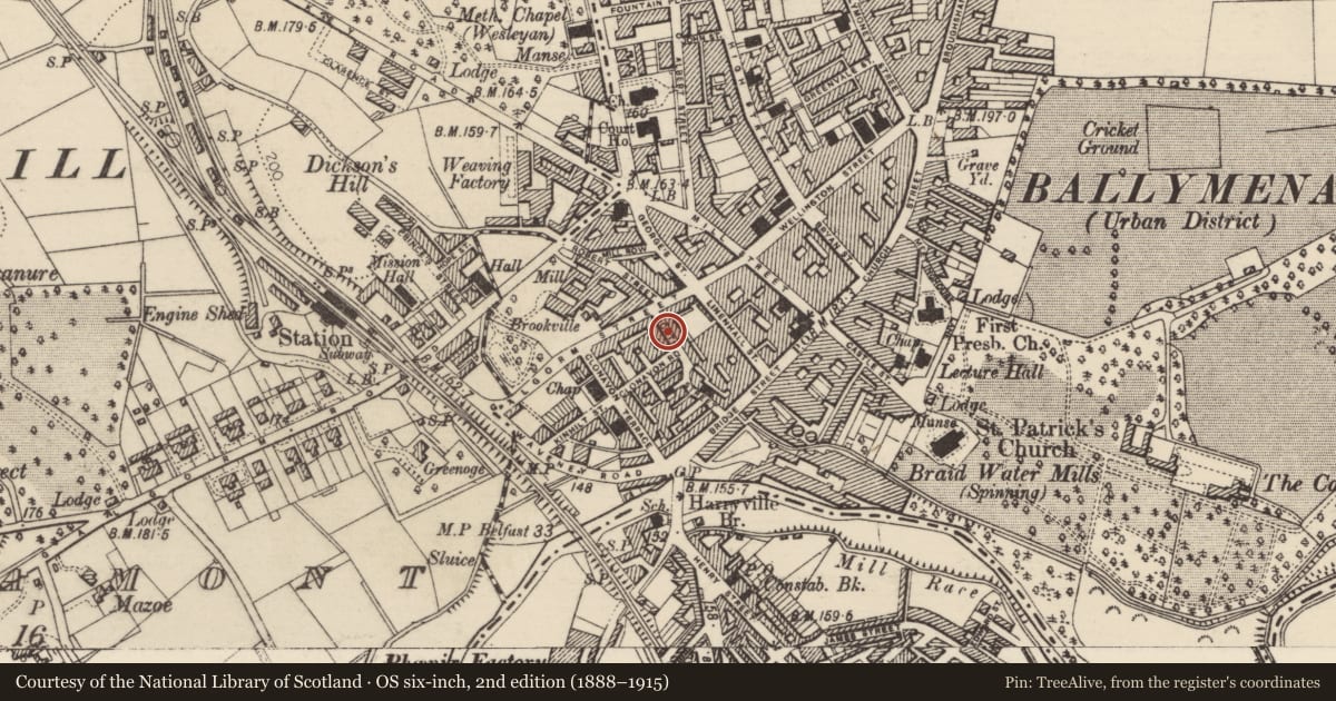 Ordnance Survey six-inch map, 2nd edition (1888–1915) covering the location of 1 Clonavon Road, Mid and East Antrim, with a pin at the register's coordinates
