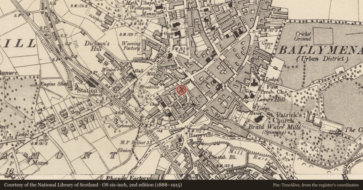 Ordnance Survey six-inch map, 2nd edition (1888–1915) covering the location of 5 Clonavon Road, Mid and East Antrim, with a pin at the register's coordinates