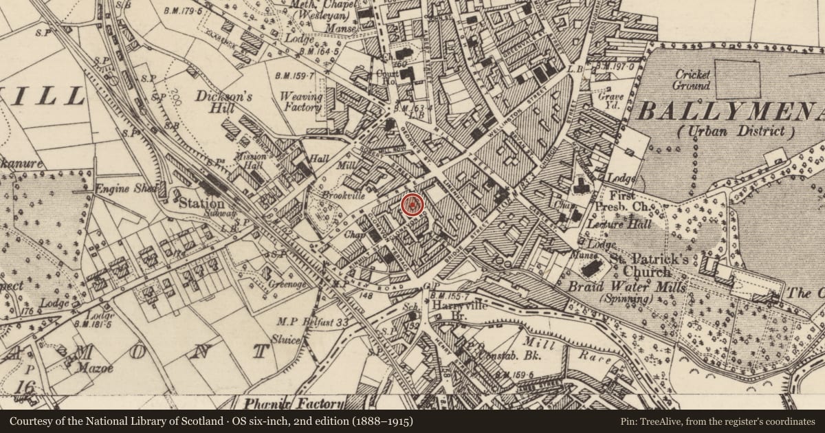 Ordnance Survey six-inch map, 2nd edition (1888–1915) covering the location of 9 Clonavon Road, Mid and East Antrim, with a pin at the register's coordinates