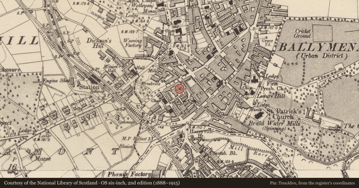 Ordnance Survey six-inch map, 2nd edition (1888–1915) covering the location of 13 Clonavon Road, Mid and East Antrim, with a pin at the register's coordinates