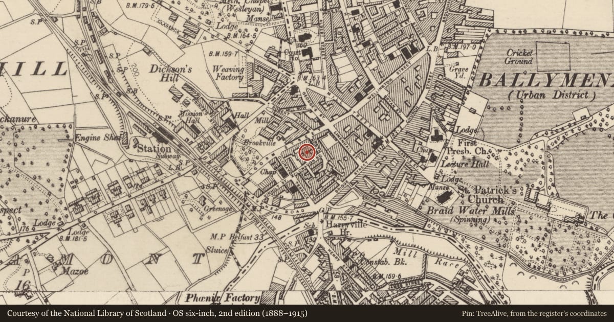 Ordnance Survey six-inch map, 2nd edition (1888–1915) covering the location of 15 Clonavon Road, Mid and East Antrim, with a pin at the register's coordinates