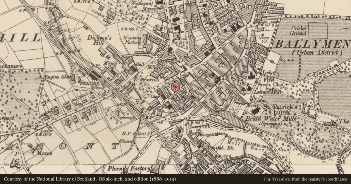 Ordnance Survey six-inch map, 2nd edition (1888–1915) covering the location of 17 Clonavon Road, Mid and East Antrim, with a pin at the register's coordinates