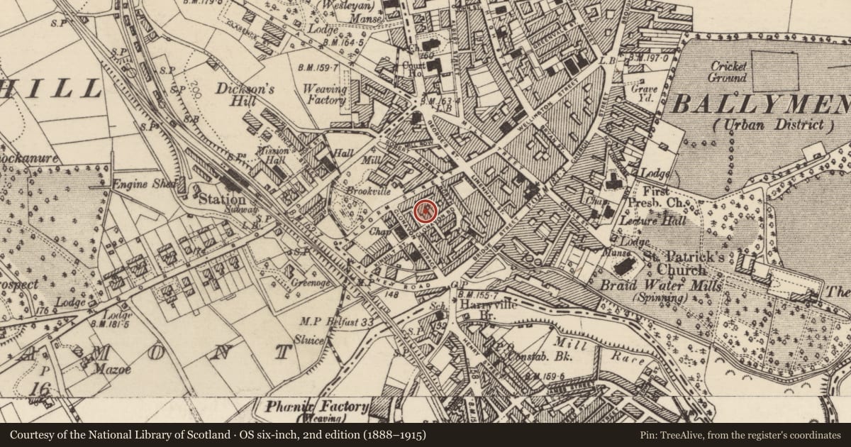 Ordnance Survey six-inch map, 2nd edition (1888–1915) covering the location of 21 Clonavon Road, Mid and East Antrim, with a pin at the register's coordinates