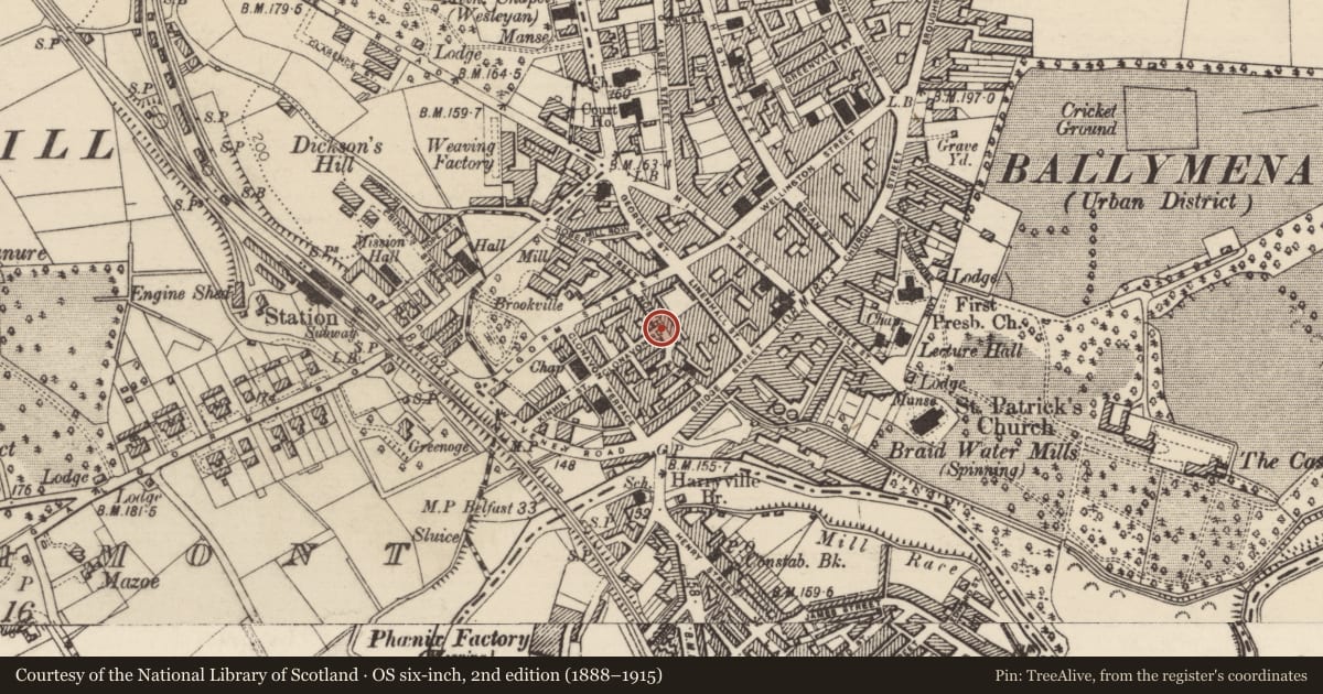 Ordnance Survey six-inch map, 2nd edition (1888–1915) covering the location of 2 Clonavon Road, Mid and East Antrim, with a pin at the register's coordinates