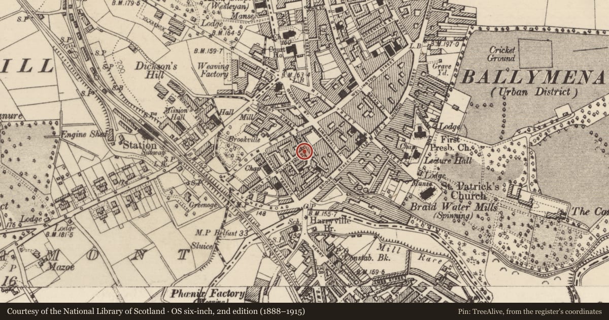 Ordnance Survey six-inch map, 2nd edition (1888–1915) covering the location of 4 Clonavon Road, Mid and East Antrim, with a pin at the register's coordinates