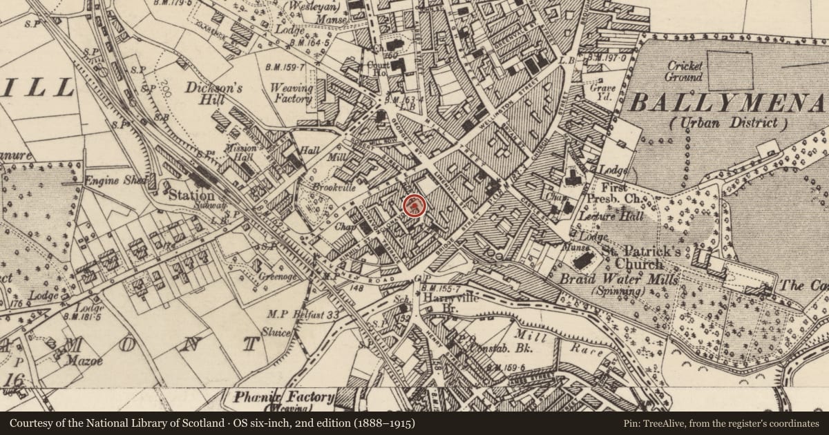 Ordnance Survey six-inch map, 2nd edition (1888–1915) covering the location of 6 Clonavon Road, Mid and East Antrim, with a pin at the register's coordinates