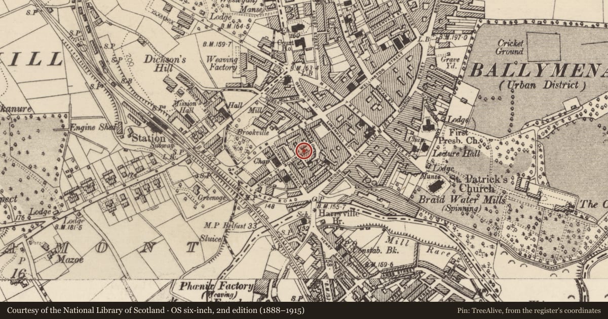 Ordnance Survey six-inch map, 2nd edition (1888–1915) covering the location of 18 Clonavon Road, Mid and East Antrim, with a pin at the register's coordinates