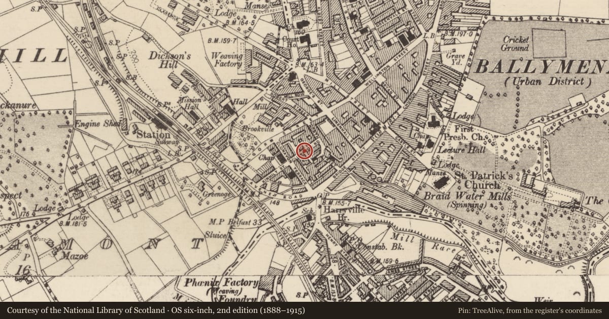 Ordnance Survey six-inch map, 2nd edition (1888–1915) covering the location of 22 Clonavon Road, Mid and East Antrim, with a pin at the register's coordinates