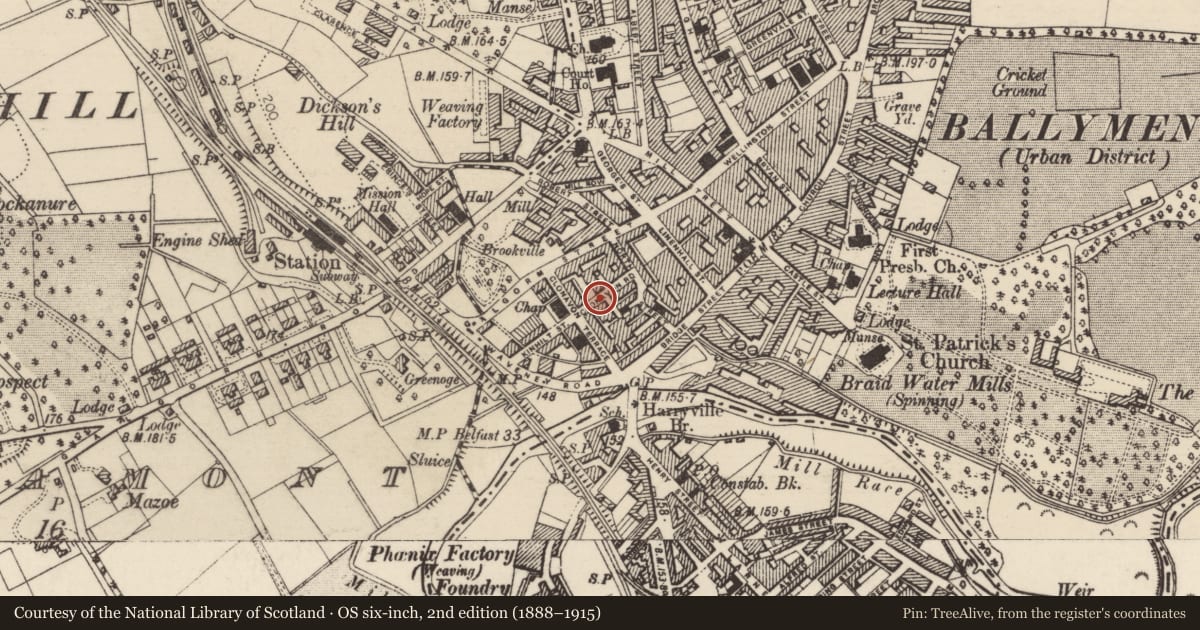 Ordnance Survey six-inch map, 2nd edition (1888–1915) covering the location of 26 Clonavon Road, Mid and East Antrim, with a pin at the register's coordinates