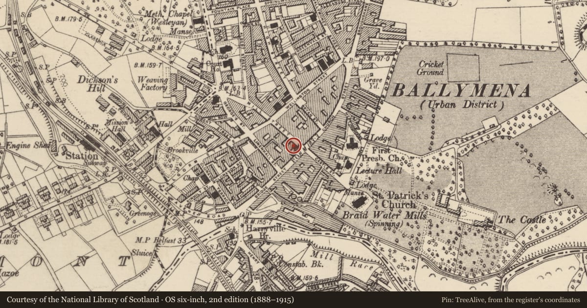 Ordnance Survey six-inch map, 2nd edition (1888–1915) covering the location of Town Hall, Mid and East Antrim, with a pin at the register's coordinates