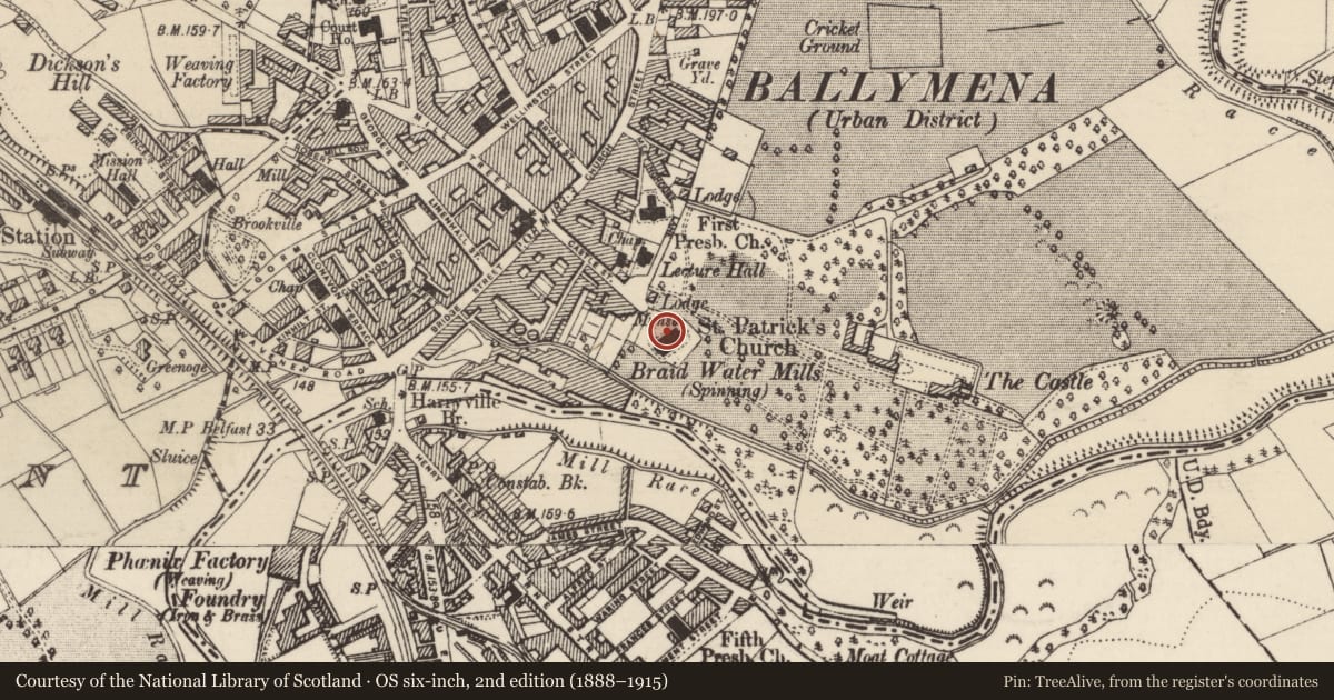 Ordnance Survey six-inch map, 2nd edition (1888–1915) covering the location of St. Patrick'S Church, Mid and East Antrim, with a pin at the register's coordinates
