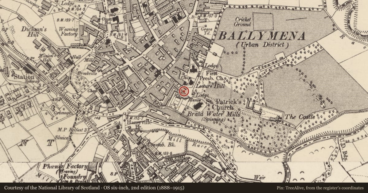Ordnance Survey six-inch map, 2nd edition (1888–1915) covering the location of 53 Castle St., Mid and East Antrim, with a pin at the register's coordinates