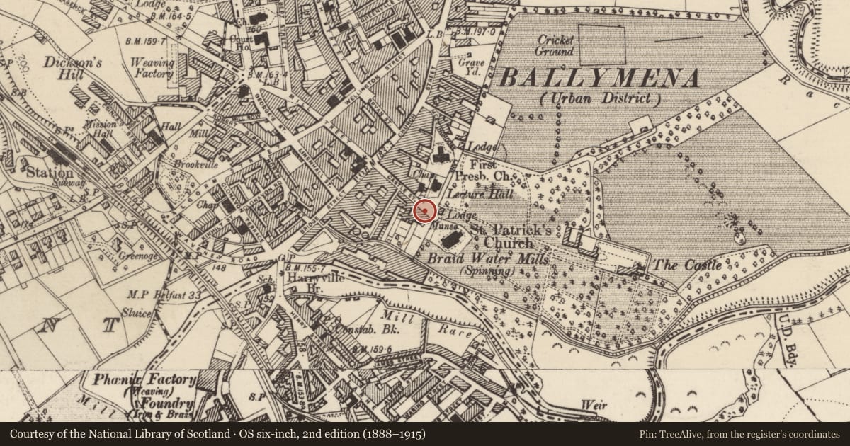 Ordnance Survey six-inch map, 2nd edition (1888–1915) covering the location of 55 Castle St., Mid and East Antrim, with a pin at the register's coordinates
