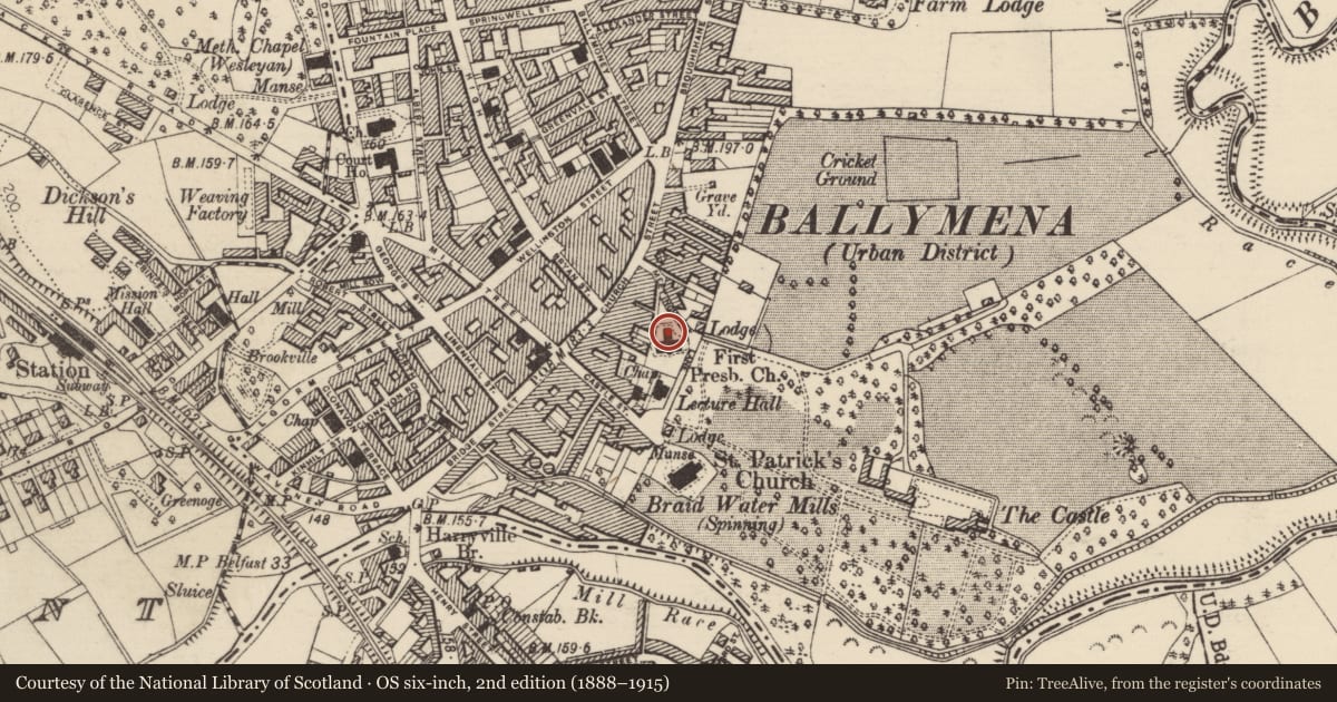 Ordnance Survey six-inch map, 2nd edition (1888–1915) covering the location of First Presbyterian Church, Mid and East Antrim, with a pin at the register's coordinates