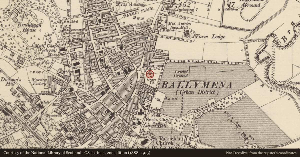 Ordnance Survey six-inch map, 2nd edition (1888–1915) covering the location of Old Parish Church Tower, Mid and East Antrim, with a pin at the register's coordinates