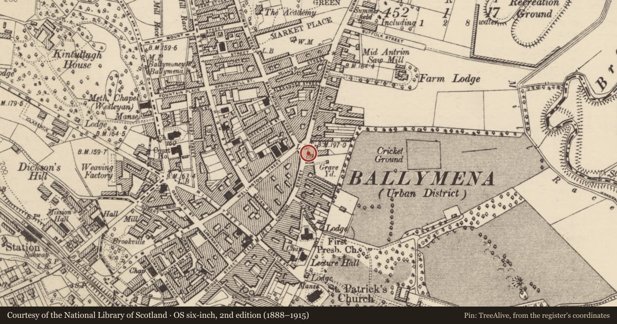 Ordnance Survey six-inch map, 2nd edition (1888–1915) covering the location of 139-141 Church Street, Mid and East Antrim, with a pin at the register's coordinates