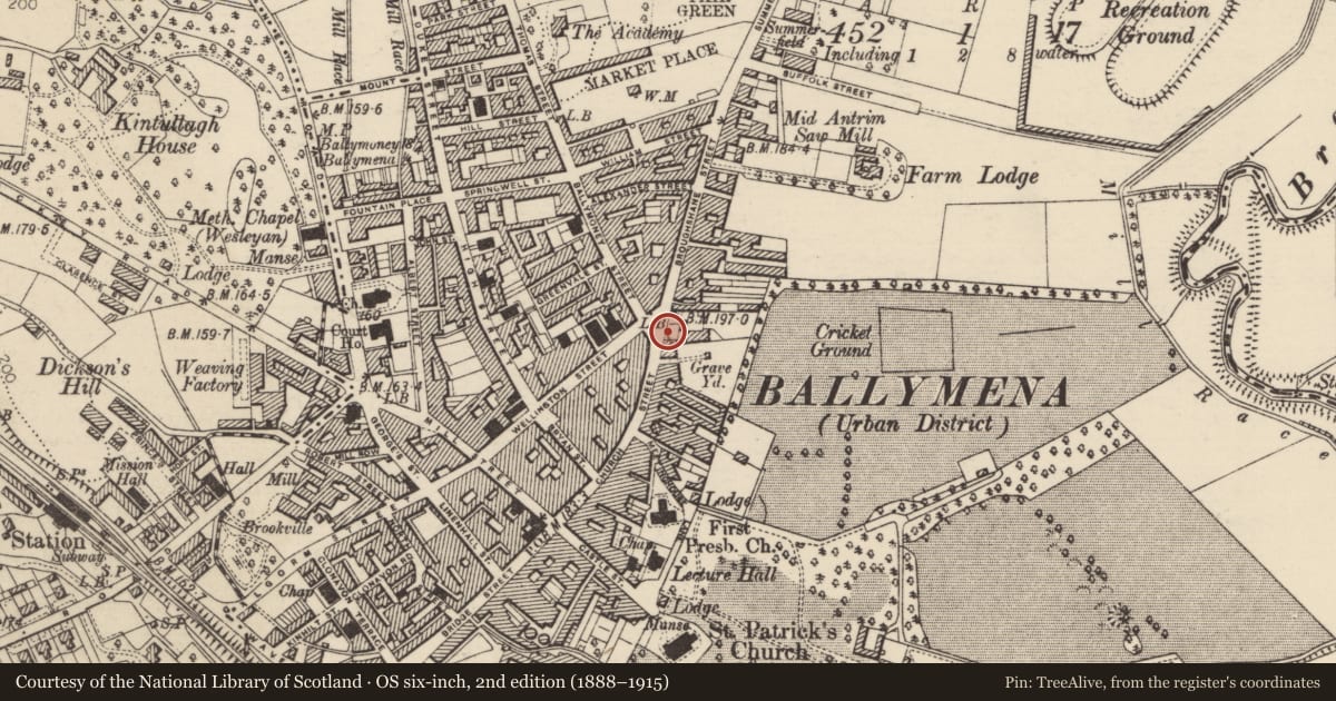 Ordnance Survey six-inch map, 2nd edition (1888–1915) covering the location of 143-147 Church St., Mid and East Antrim, with a pin at the register's coordinates