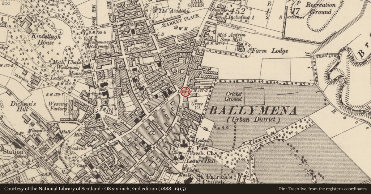 Ordnance Survey six-inch map, 2nd edition (1888–1915) covering the location of 149 Church St., Mid and East Antrim, with a pin at the register's coordinates