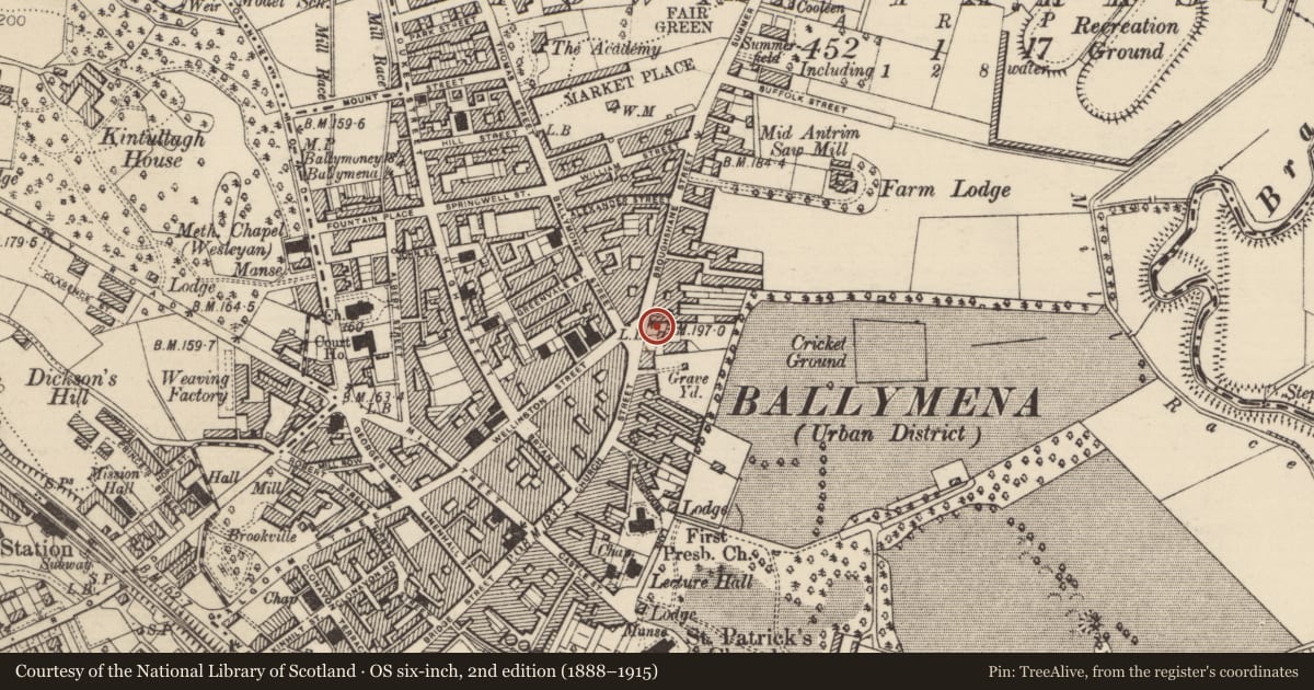 Ordnance Survey six-inch map, 2nd edition (1888–1915) covering the location of Manager'S House At Bank Of Ireland, Mid and East Antrim, with a pin at the register's coordinates