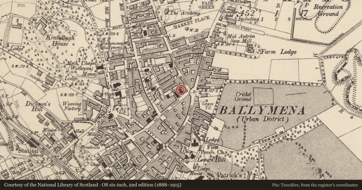 Ordnance Survey six-inch map, 2nd edition (1888–1915) covering the location of Allied Irish Bank, Mid and East Antrim, with a pin at the register's coordinates