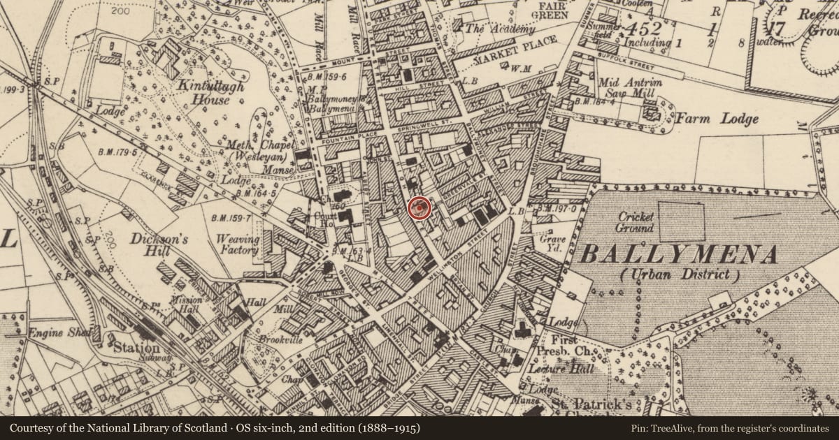 Ordnance Survey six-inch map, 2nd edition (1888–1915) covering the location of 25-29 High St., Mid and East Antrim, with a pin at the register's coordinates