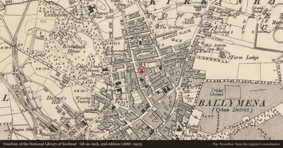 Ordnance Survey six-inch map, 2nd edition (1888–1915) covering the location of Faith Mission Hall, Mid and East Antrim, with a pin at the register's coordinates