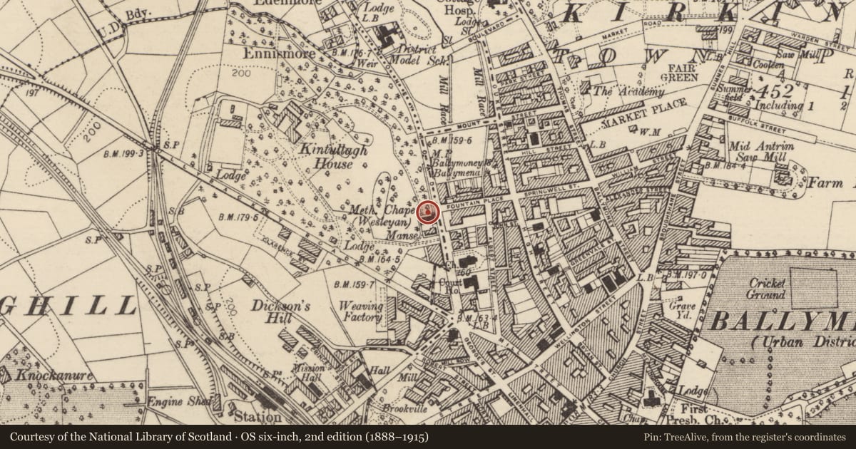 Ordnance Survey six-inch map, 2nd edition (1888–1915) covering the location of Methodist Church, Mid and East Antrim, with a pin at the register's coordinates
