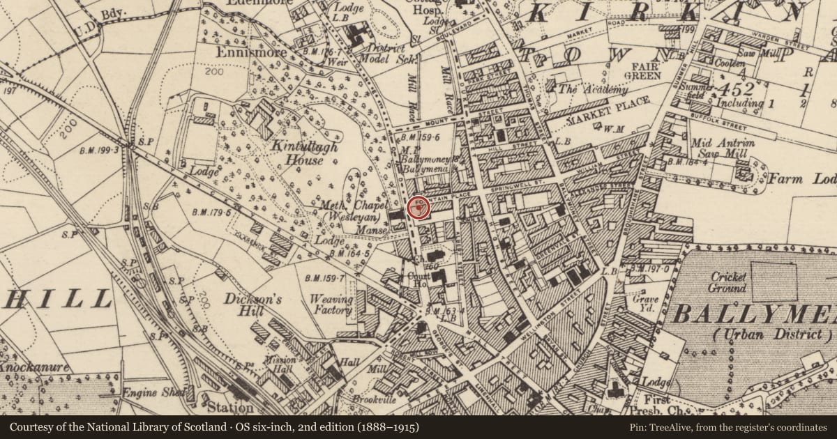 Ordnance Survey six-inch map, 2nd edition (1888–1915) covering the location of Audley Lodge, Mid and East Antrim, with a pin at the register's coordinates