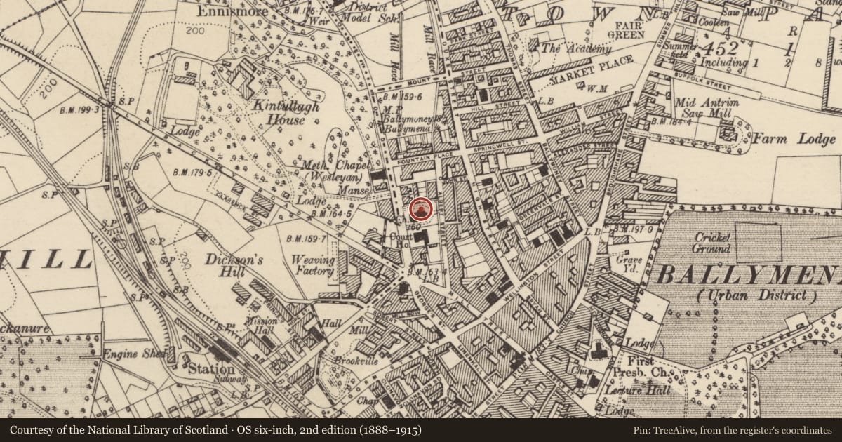 Ordnance Survey six-inch map, 2nd edition (1888–1915) covering the location of West Church, Mid and East Antrim, with a pin at the register's coordinates