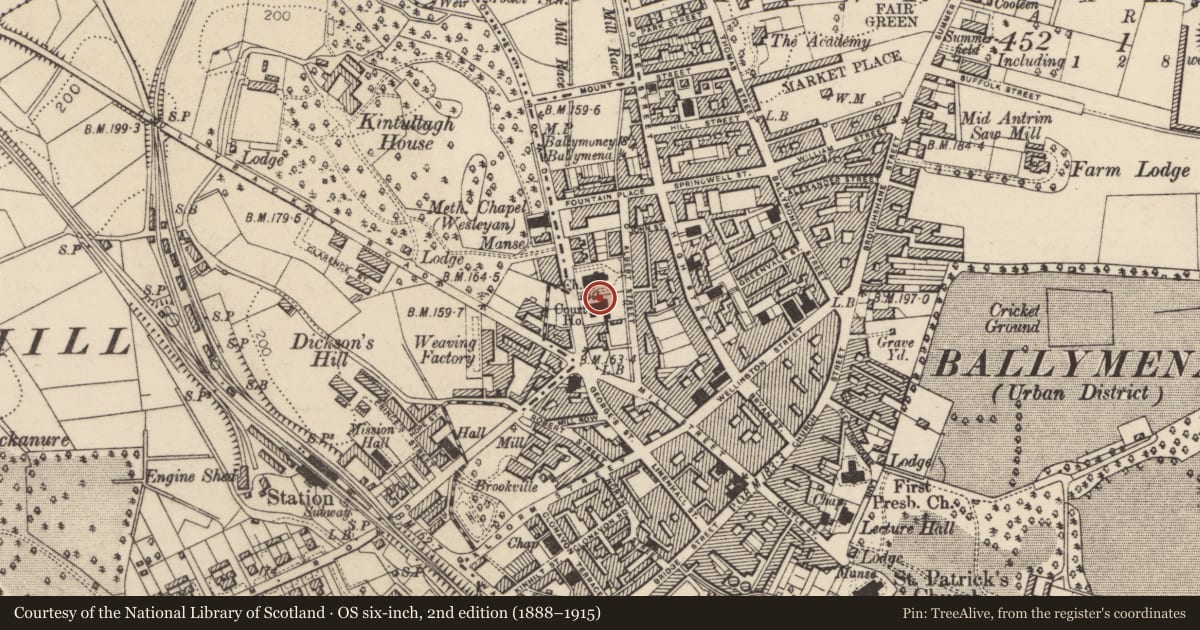 Ordnance Survey six-inch map, 2nd edition (1888–1915) covering the location of The Court House, Mid and East Antrim, with a pin at the register's coordinates