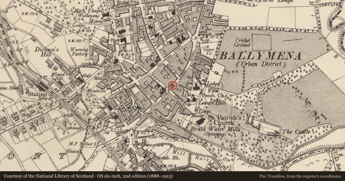 Ordnance Survey six-inch map, 2nd edition (1888–1915) covering the location of 9-11 Church St., Mid and East Antrim, with a pin at the register's coordinates