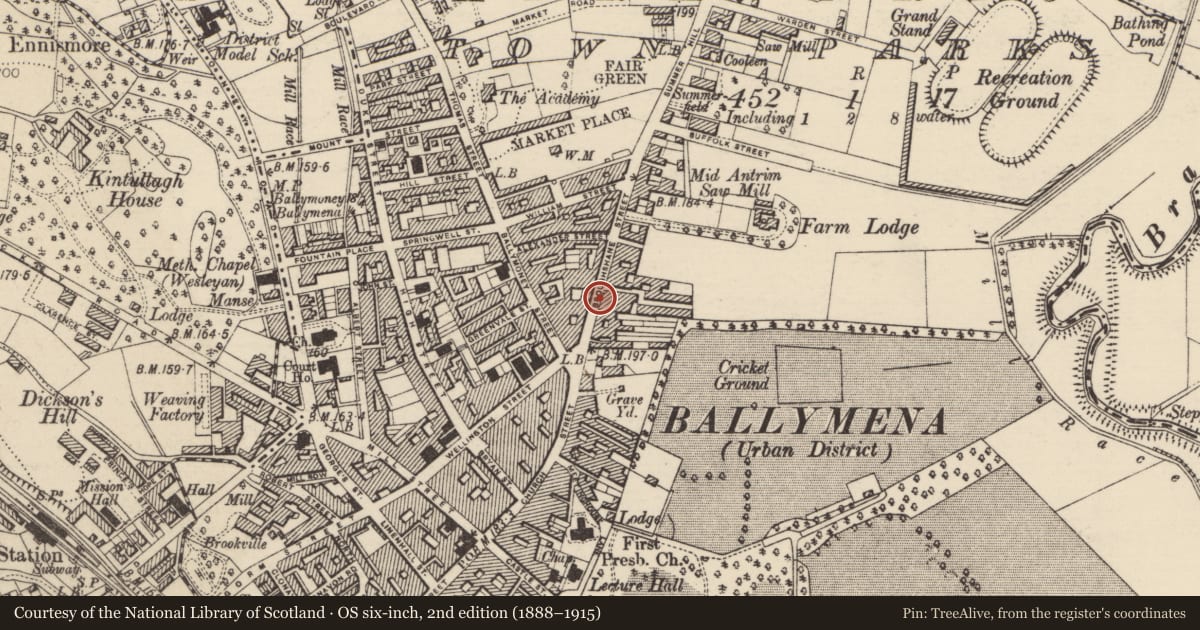 Ordnance Survey six-inch map, 2nd edition (1888–1915) covering the location of Mc Kendry'S Pub, Mid and East Antrim, with a pin at the register's coordinates