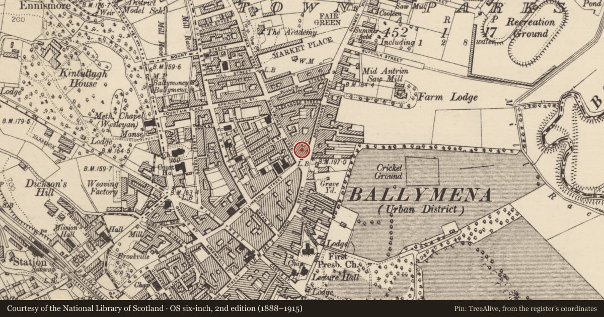 Ordnance Survey six-inch map, 2nd edition (1888–1915) covering the location of Northern Bank, Mid and East Antrim, with a pin at the register's coordinates