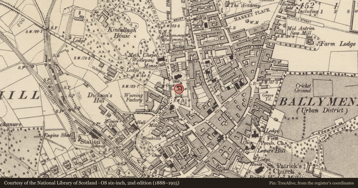 Ordnance Survey six-inch map, 2nd edition (1888–1915) covering the location of Adair Arms Hotel, Mid and East Antrim, with a pin at the register's coordinates