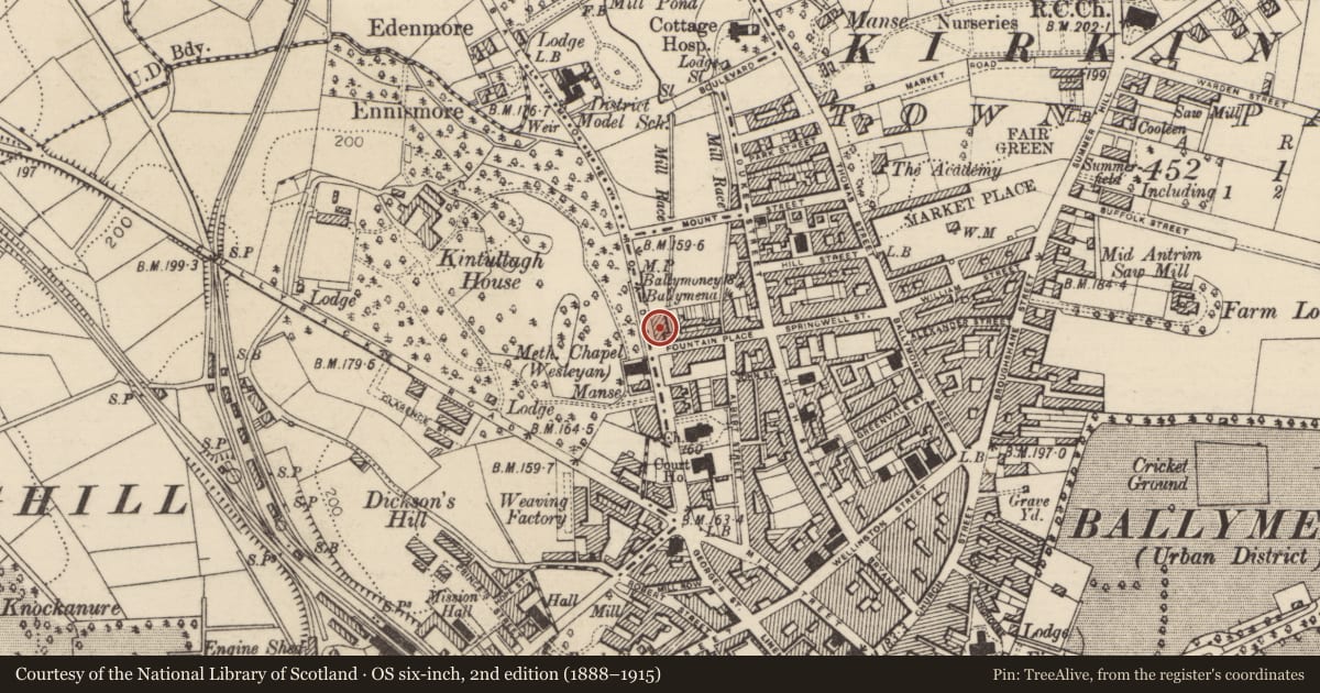 Ordnance Survey six-inch map, 2nd edition (1888–1915) covering the location of Audley Cottage, Mid and East Antrim, with a pin at the register's coordinates