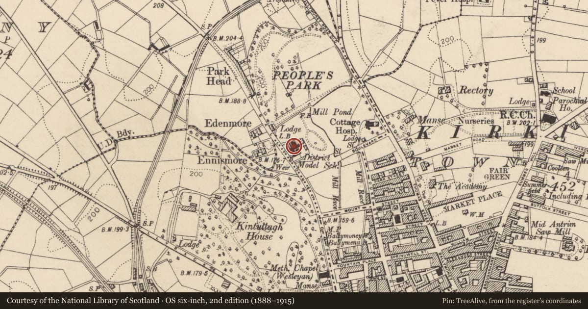 Ordnance Survey six-inch map, 2nd edition (1888–1915) covering the location of Former Primary School And House, Mid and East Antrim, with a pin at the register's coordinates