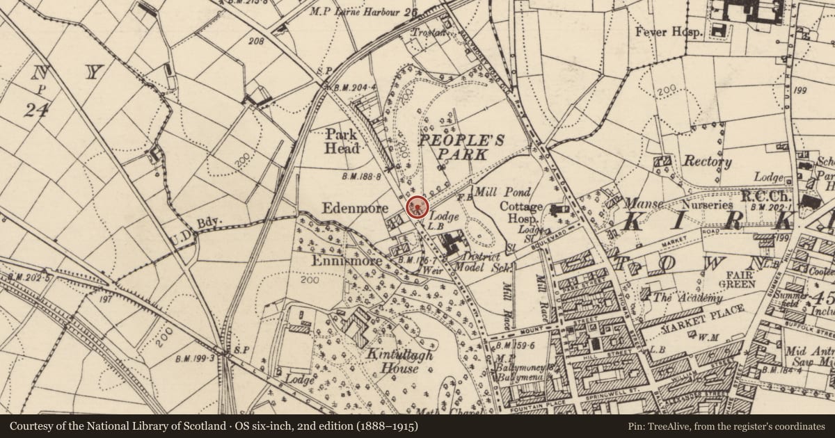 Ordnance Survey six-inch map, 2nd edition (1888–1915) covering the location of LODGE, Mid and East Antrim, with a pin at the register's coordinates