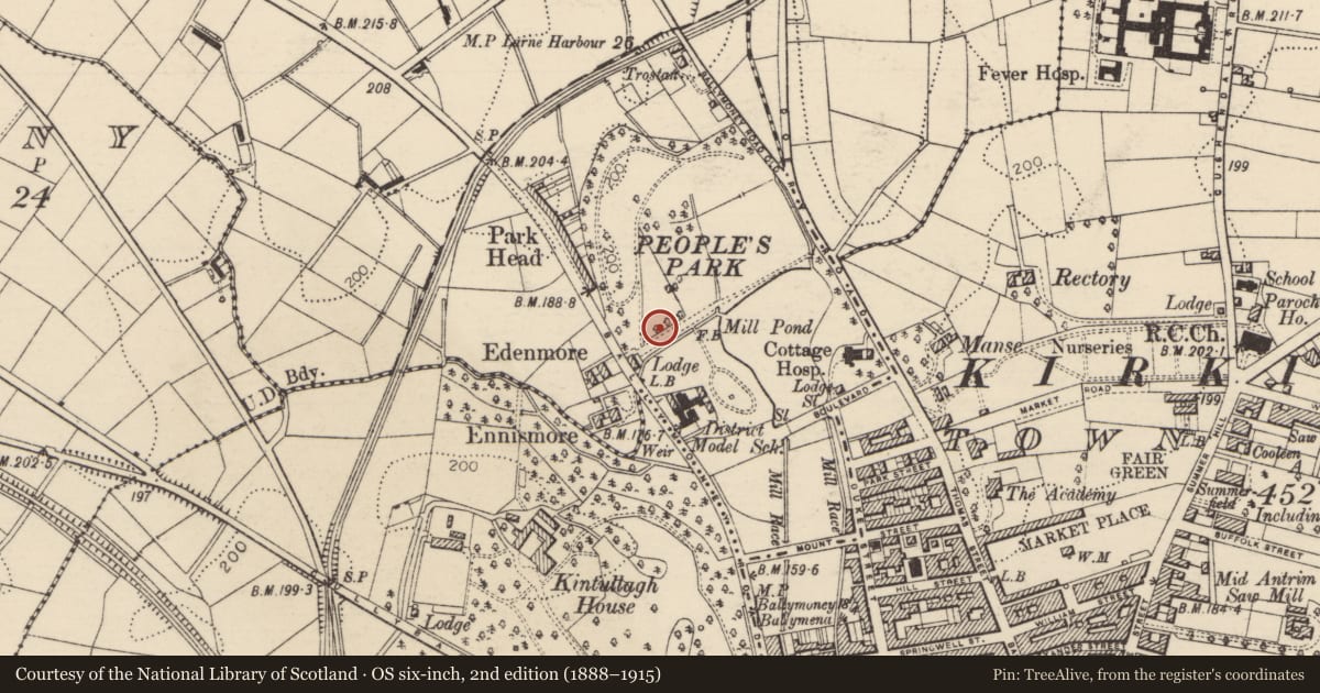 Ordnance Survey six-inch map, 2nd edition (1888–1915) covering the location of FOUNTAIN, Mid and East Antrim, with a pin at the register's coordinates