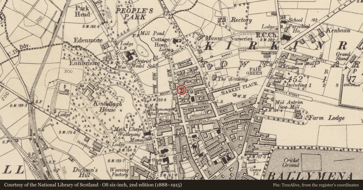 Ordnance Survey six-inch map, 2nd edition (1888–1915) covering the location of Old Dispensary, Mid and East Antrim, with a pin at the register's coordinates