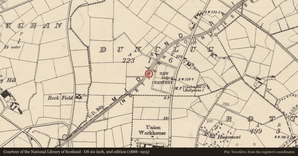 Ordnance Survey six-inch map, 2nd edition (1888–1915) covering the location of Herbison Memorial, Mid and East Antrim, with a pin at the register's coordinates