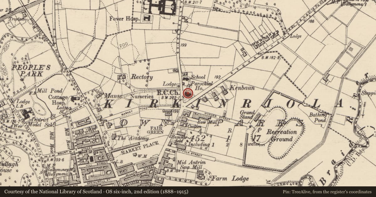 Ordnance Survey six-inch map, 2nd edition (1888–1915) covering the location of All Saints Rc Church, Mid and East Antrim, with a pin at the register's coordinates