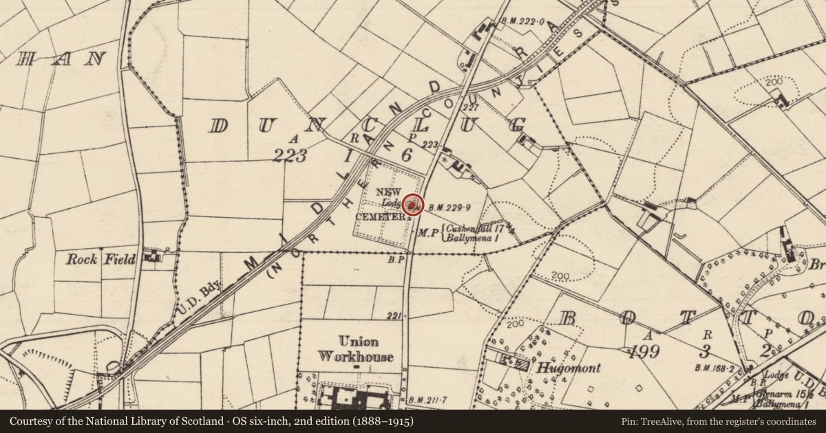 Ordnance Survey six-inch map, 2nd edition (1888–1915) covering the location of Gate Lodge, Mid and East Antrim, with a pin at the register's coordinates