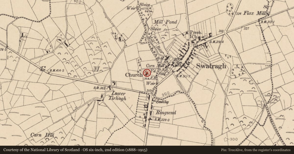 Ordnance Survey six-inch map, 2nd edition (1888–1915) covering the location of Killelagh Parish Church Drumbane Lane, Mid Ulster, with a pin at the register's coordinates