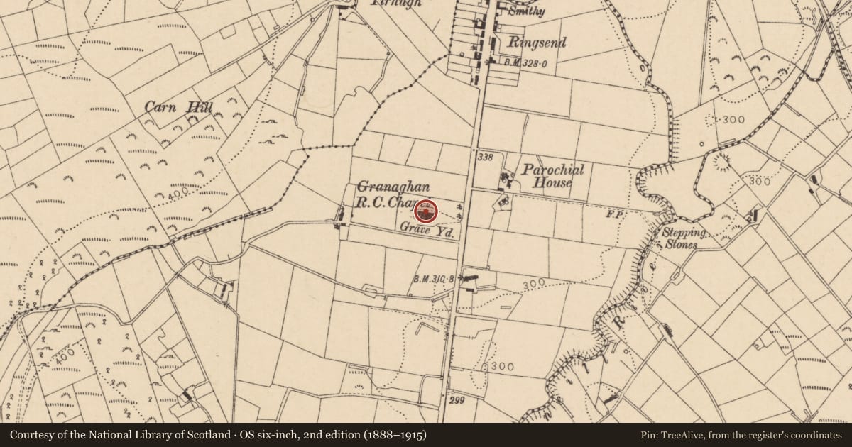 Ordnance Survey six-inch map, 2nd edition (1888–1915) covering the location of St. John The Baptist R C CHURCH, Mid Ulster, with a pin at the register's coordinates