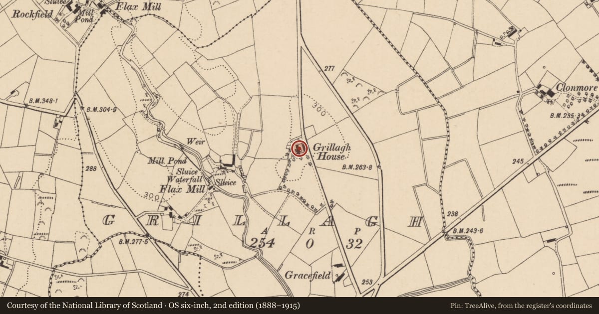 Ordnance Survey six-inch map, 2nd edition (1888–1915) covering the location of Grillagh House, Mid Ulster, with a pin at the register's coordinates