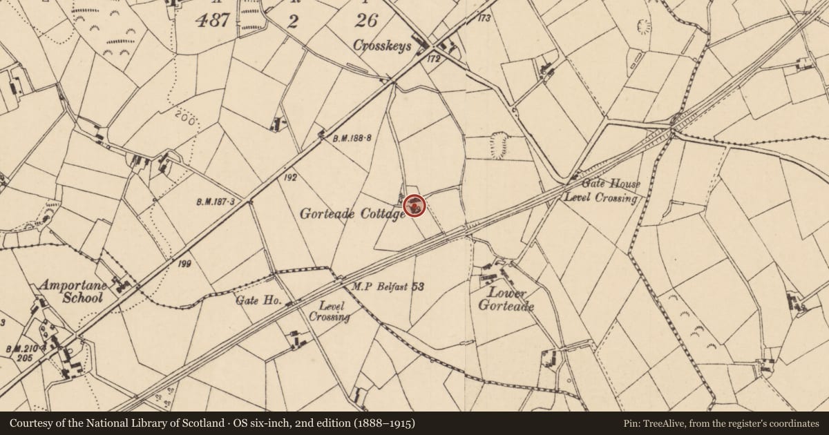 Ordnance Survey six-inch map, 2nd edition (1888–1915) covering the location of Gorteade Cottage, Mid Ulster, with a pin at the register's coordinates