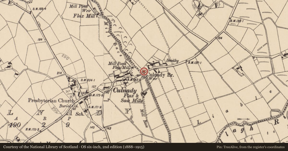 Ordnance Survey six-inch map, 2nd edition (1888–1915) covering the location of Culnady Bridge, Mid Ulster, with a pin at the register's coordinates